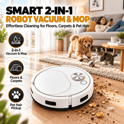 Smart 2-in-1 Robot Vacuum & Mop — Effortless Cleaning for Floors, Carpets & Pet Hair 🚚